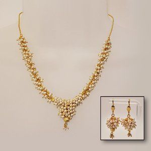 NWT Saat Phere Gold Tone Necklace & Earring Set with mini Faux Pearls